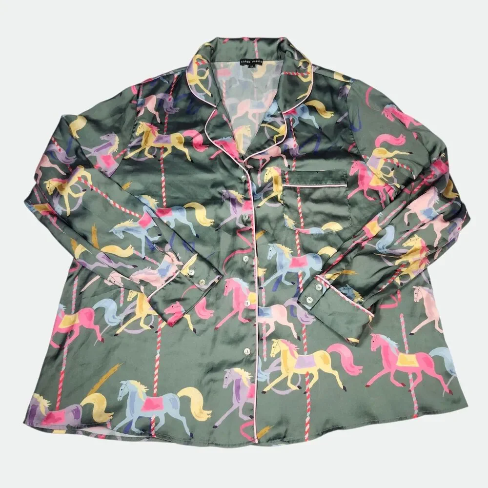 Karen Mabon Whimsical CAROUSEL Satin Pajama Shirt Women's Size XLARGE Green RARE